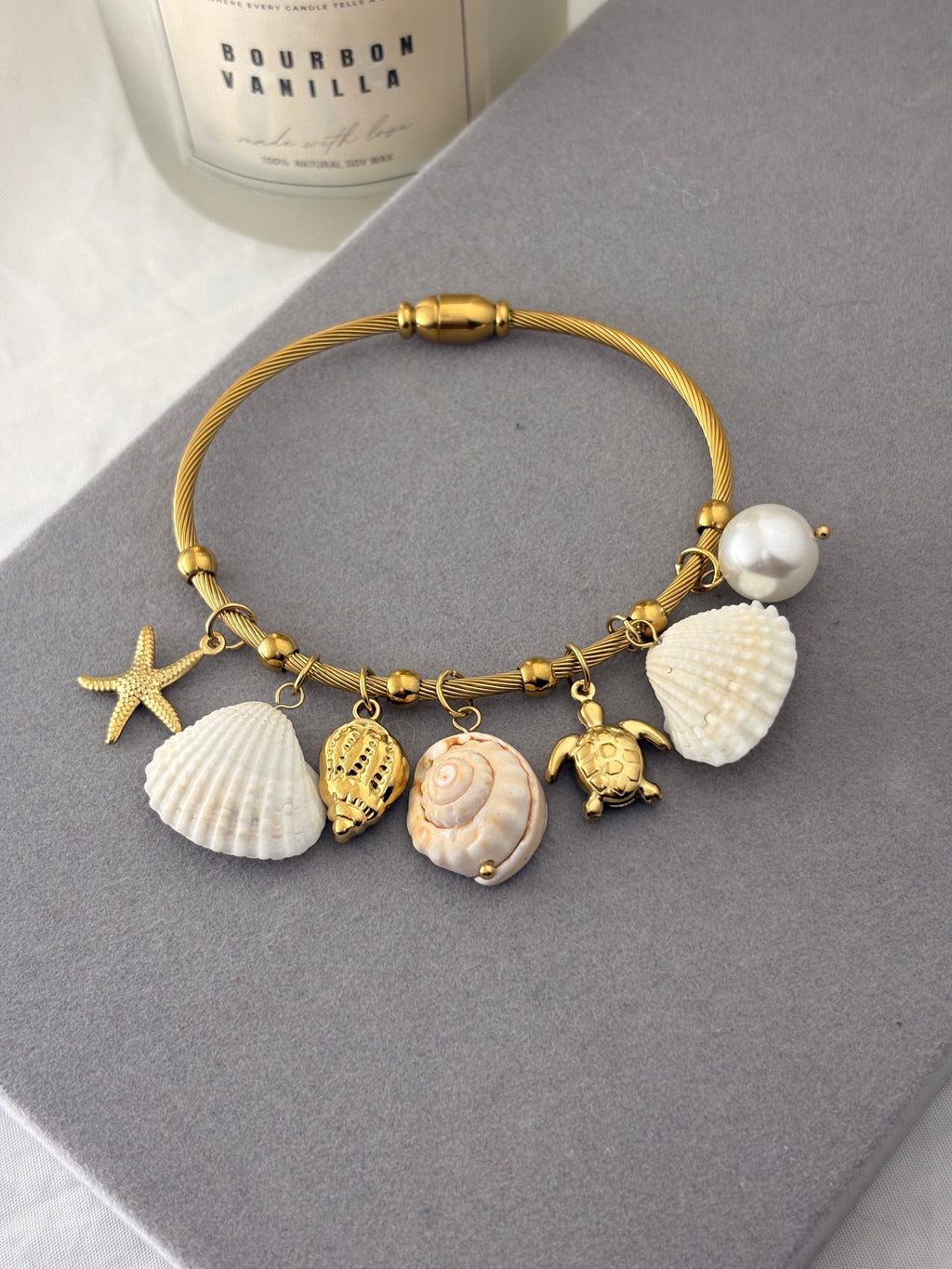 Beach Coded Charm Bracelet | Gold Coastal Charm Bangle