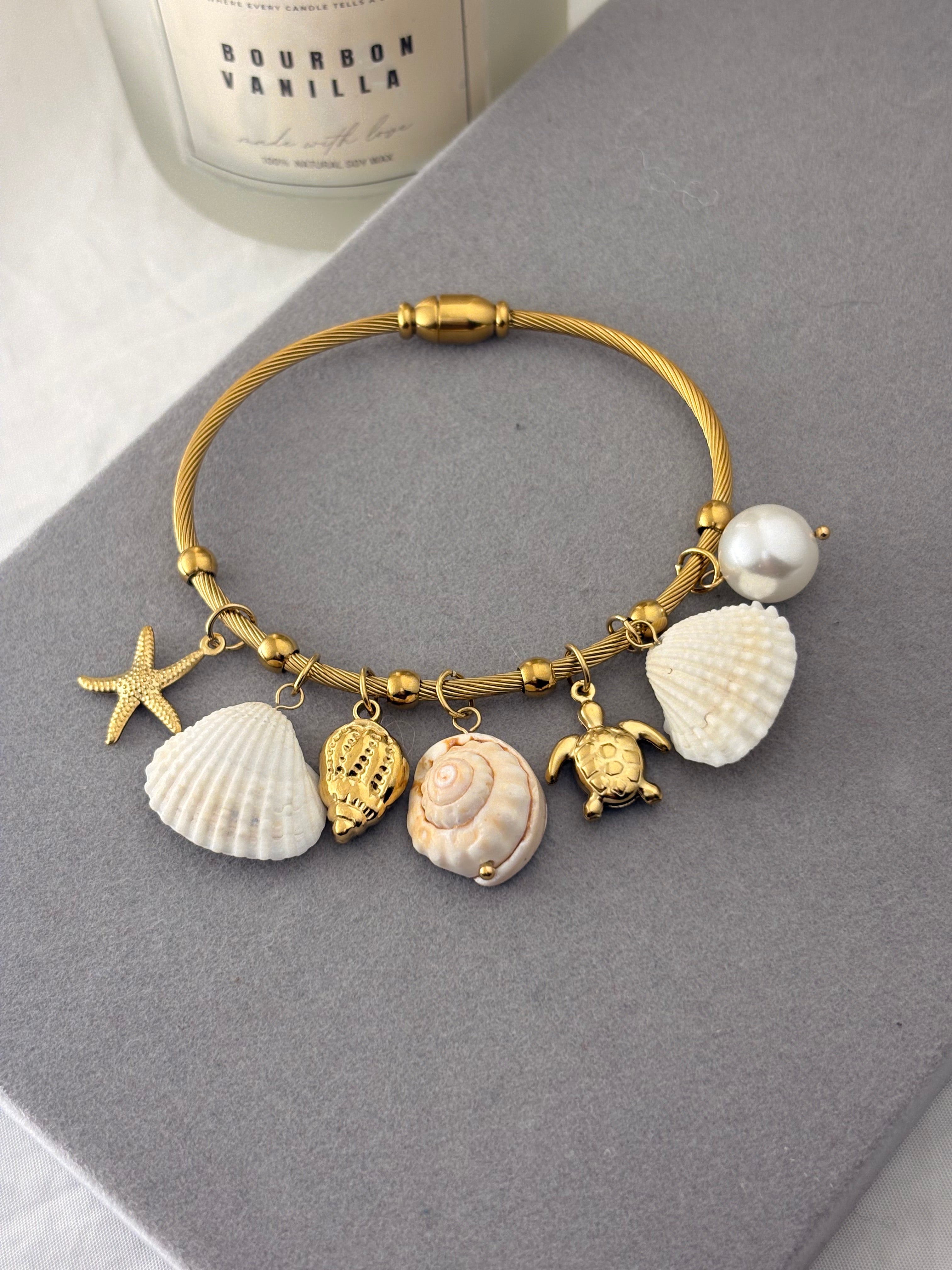 Beach Coded Charm Bracelet | Gold Coastal Charm Bangle
