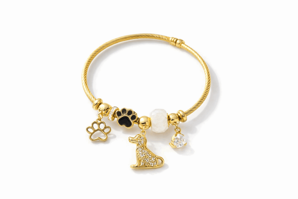 Dog Lover Charm Bracelet | Gold Paw & Puppy Bangle