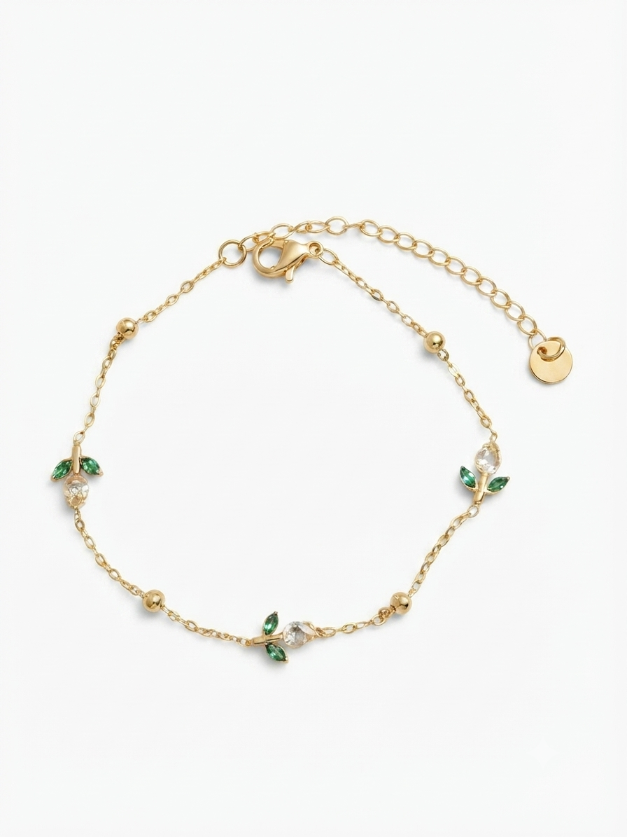Minimal Tulip Bracelet – White & Green Enamel | Floral Charm Bracelet