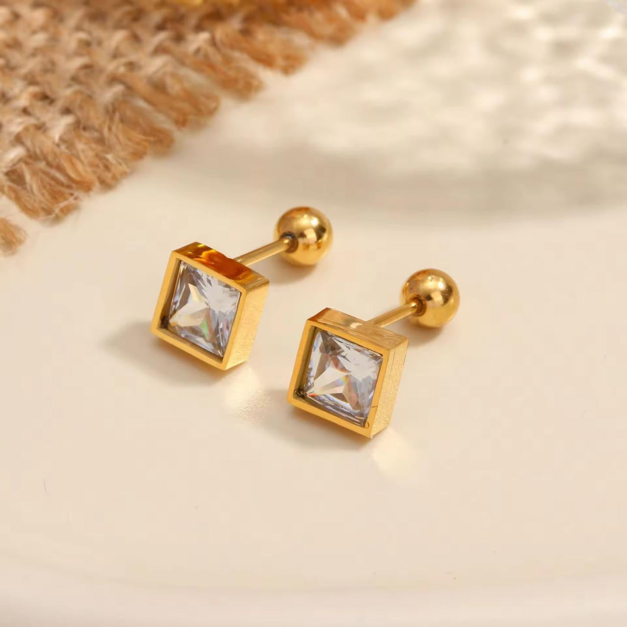 Square Shine Stud | Gold Geometric Stainless Steel Earrings (Pair)