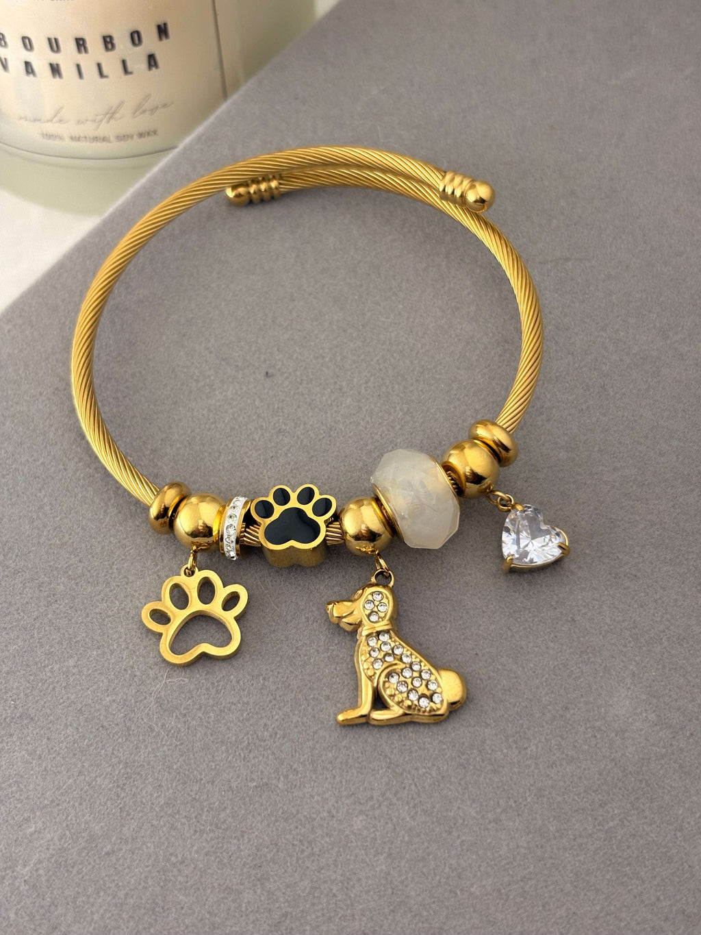 Dog Lover Charm Bracelet | Gold Paw & Puppy Bangle