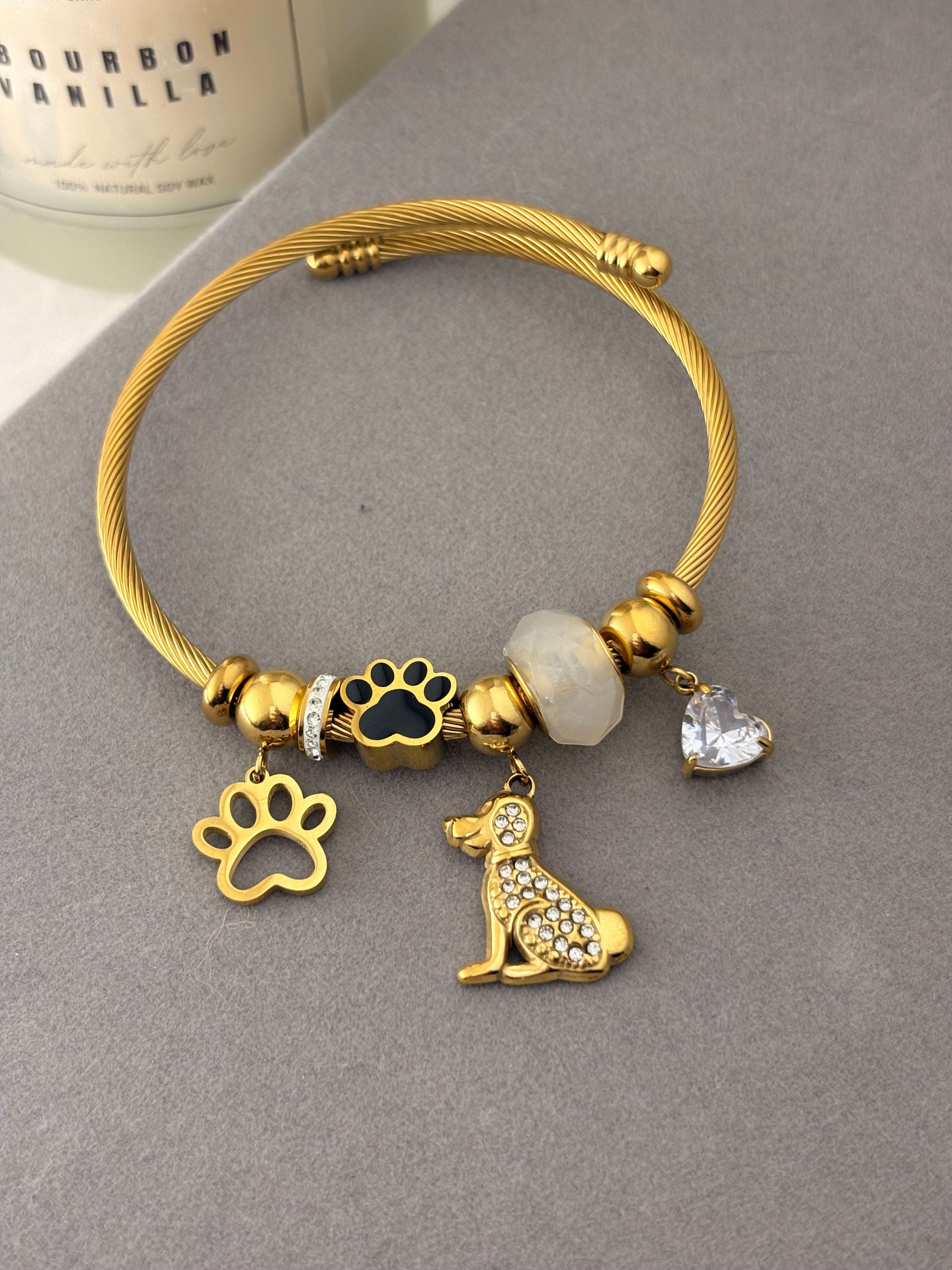 Dog Lover Charm Bracelet | Gold Paw & Puppy Bangle
