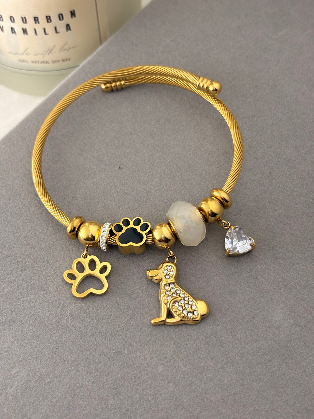 Dog Lover Charm Bracelet | Gold Paw & Puppy Bangle