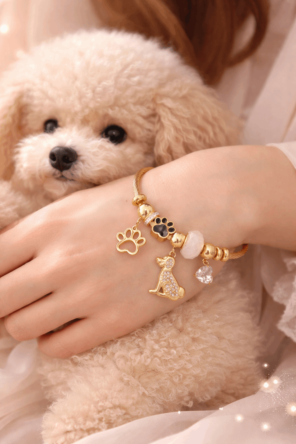 Dog Lover Charm Bracelet | Gold Paw & Puppy Bangle