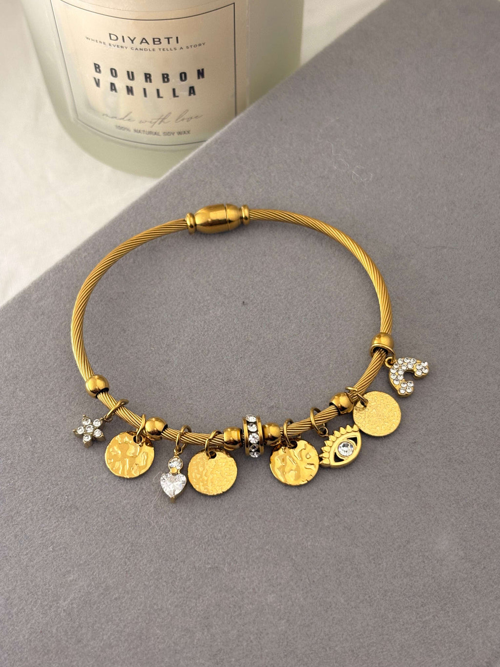 Minimal Charm Bracelet | Gold Evil Eye & Coin Bangle