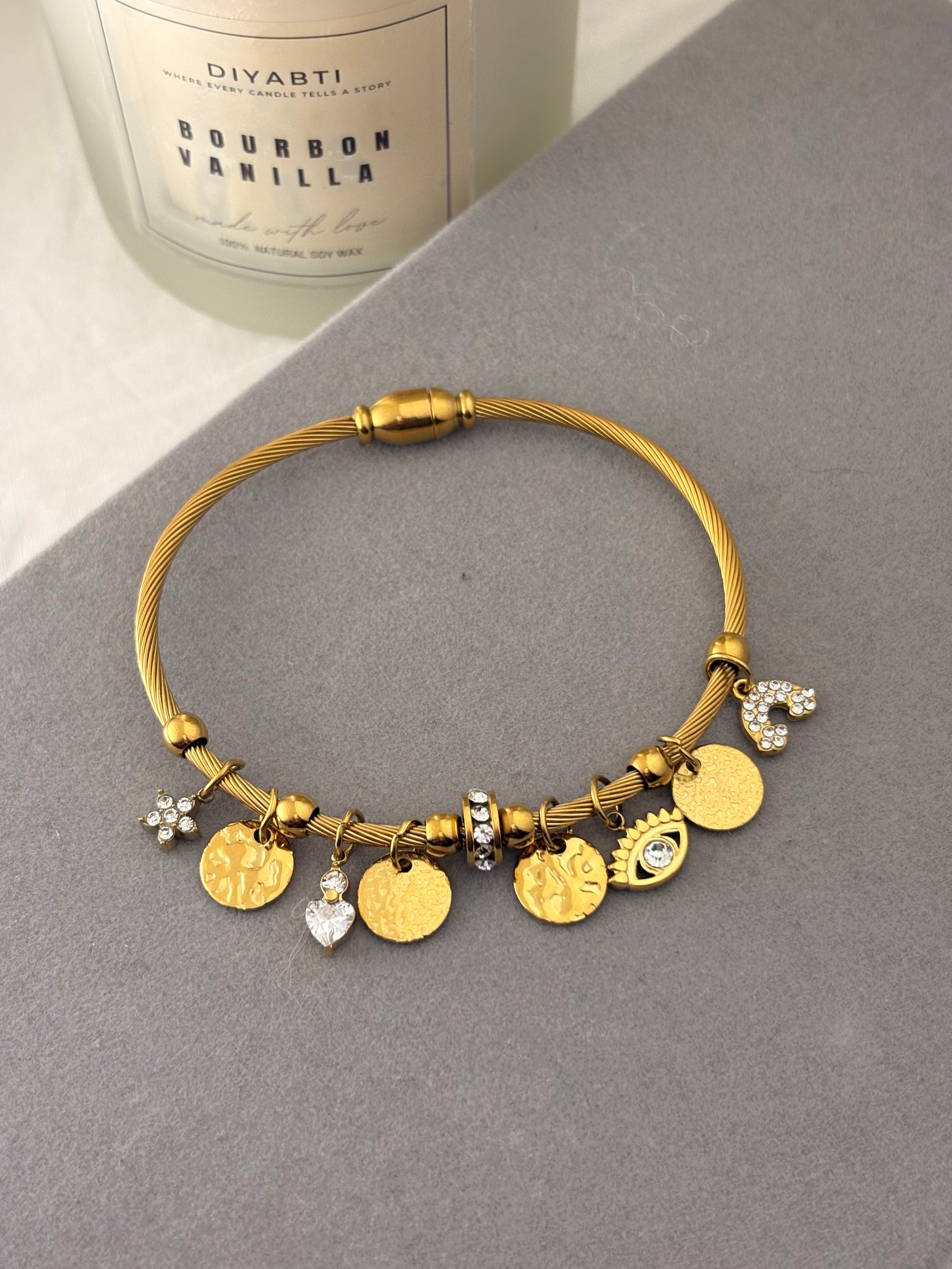 Minimal Charm Bracelet | Gold Evil Eye & Coin Bangle