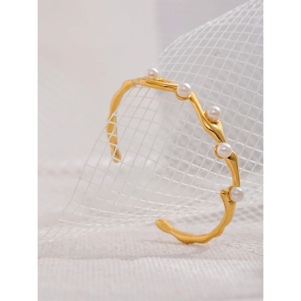 Pearl Gold Kada | Adjustable Pearl & Gold Bangle Bracelet