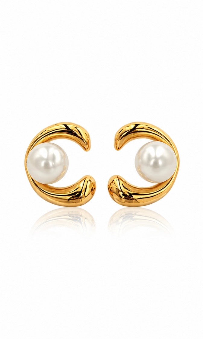 Pearly Curve Stud Earrings | Curved Faux Pearl Gold Stud Earrings