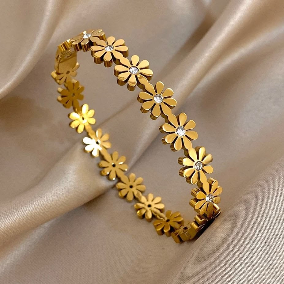 Floral Petite Kada | Gold Stainless Steel Bangle | 14cm & Above