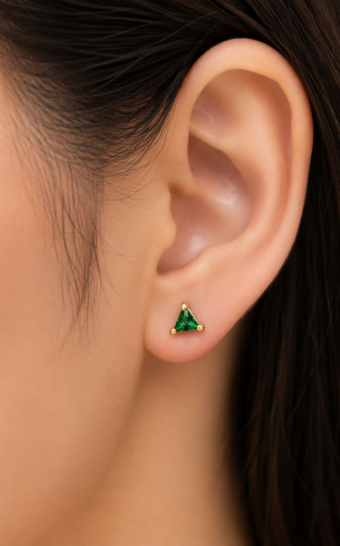 Green Aura Triangle Earrings | Geometric Green & Gold Triangle Studs