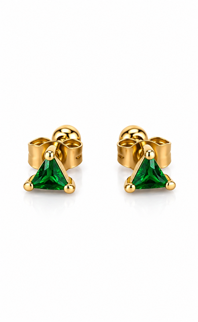 Green Aura Triangle Earrings | Geometric Green & Gold Triangle Studs
